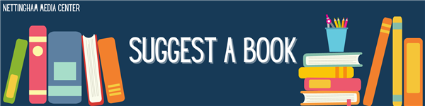 Blue background with colorful books with text "Suggest a Book"
